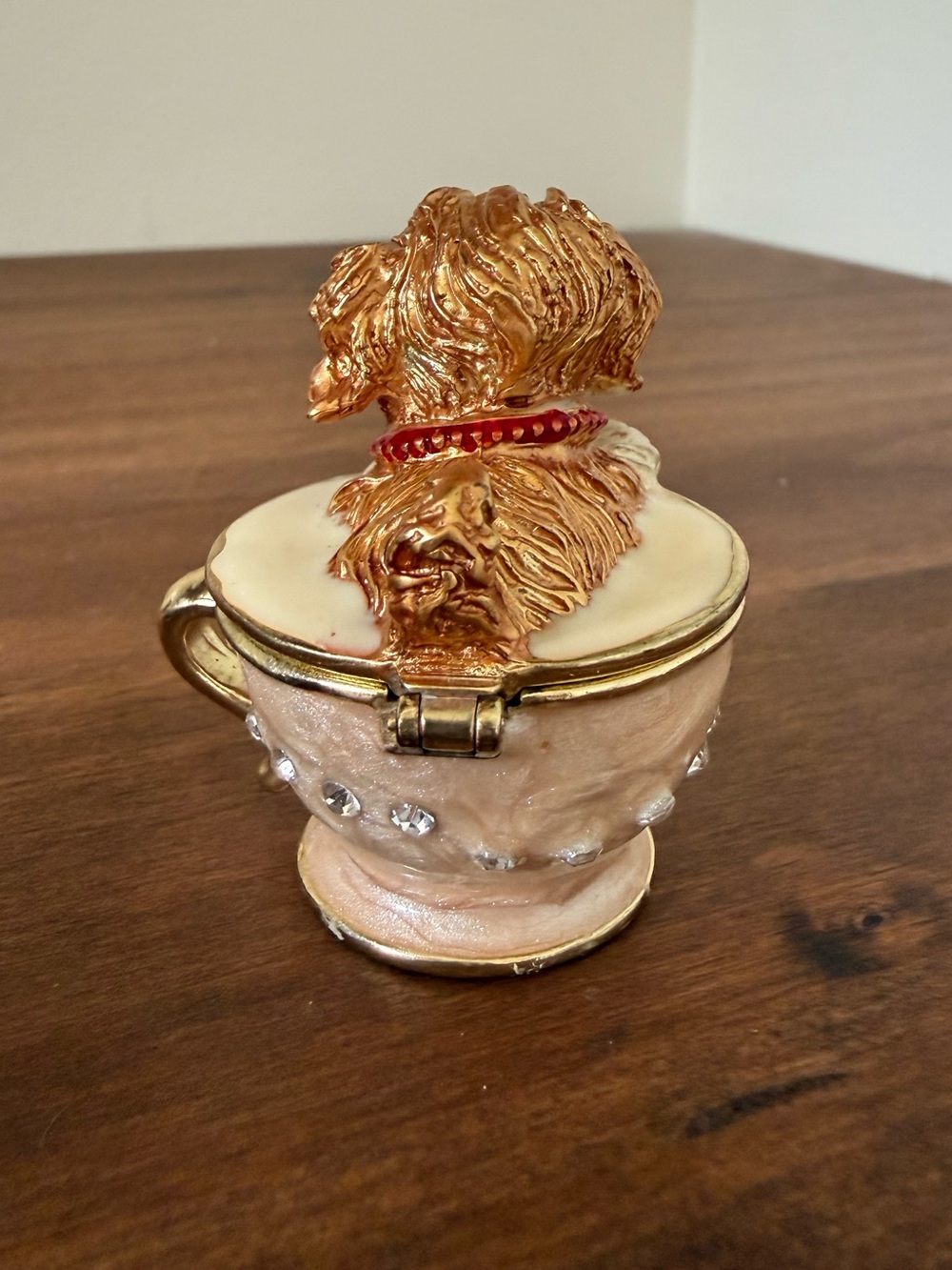 Gold and Cream Puppy on a Teacup Jewelry Trinket Box with Rhinestones Accents - Picture 5 of 12